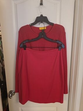 St. John Red Knit Sweater and Skirt Set